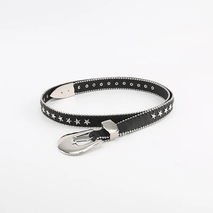 Detail of black leather belt featuring silver star rivets and metallic bead edge trim