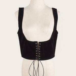 Gothic style black velvet corset vest with front lacing and metal eyelets for women