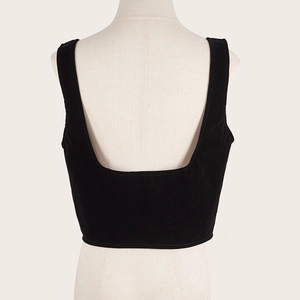 Dark aesthetic black velvet cropped corset vest with wide straps and U-shaped open back design