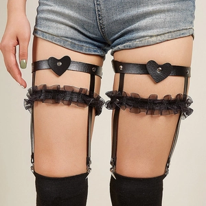 Sexy Women Lace Heart Thigh Ring Garter Belt Faux Leather Leg Chain Gothic Punk Harajuku Style Floral Embroidery Leg Decor