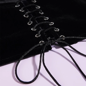 Gothic black velvet corset belt with silver eyelets and cross lace-up front detail