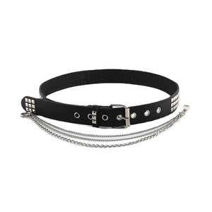 Gothic Punk Ledergürtel in Schwarz mit dreireihigen Nieten und Metallketten