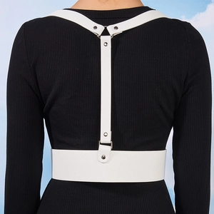 White punk PU leather body harness with silver metal rings shown from a back view