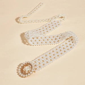 Elegant women's wide stretch pearl belt with vintage gold buckle and pearl inlay