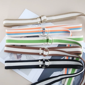 Canvas Striped Belt Double D-Ring Buckle Casual Fashion Waistband For Men Women Adjustable Woven Fabric Jeans Belt