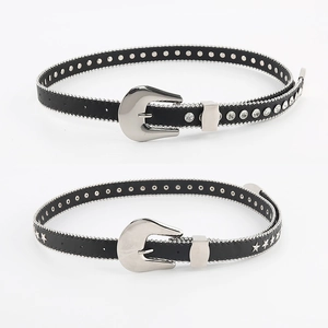 Women Faux Leather Western Belt Rhinestone Star Inlay Beaded Edge Alloy Buckle Punk Rock Waistband Fashion Jeans Accessory