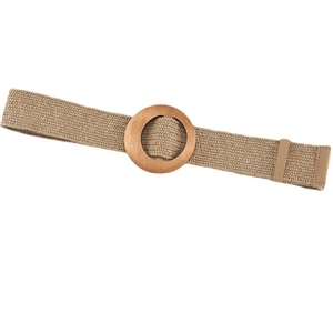 Women's straw woven belt with round wooden buckle for dresses and bohemian style outfits