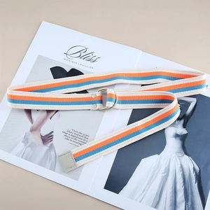 Detail of striped canvas belt with double D-ring metal buckle and leather tip on magazine