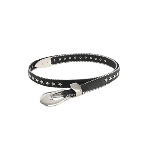 Women's slim black leather belt with silver star studs and rhinestone buckle for jeans