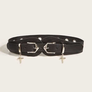 Black wide punk waist belt for women with double silver buckles and cross pendants