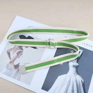 Detailed shot of green and white striped canvas belt with double D-ring buckle and leather tip