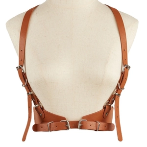 Brown leather body harness belt with shoulder straps and silver buckles for women