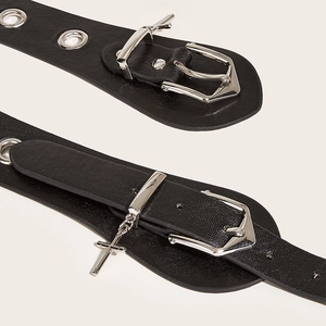 Black punk style wide waist belt for women with silver double buckles and cross pendant