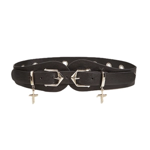 Black punk waist belt with double buckles, metal eyelets and silver cross pendants