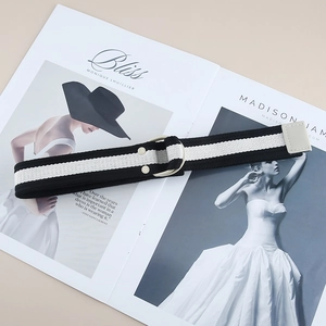 Detail of striped canvas belt with gold double D-ring buckle on fashion magazine