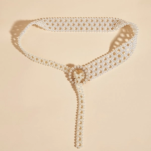 Elegant elastic pearl waist belt for women with golden buckle and round bead accents