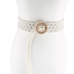Elegant wide stretch waist belt for women featuring white faux pearl mesh with round buckle