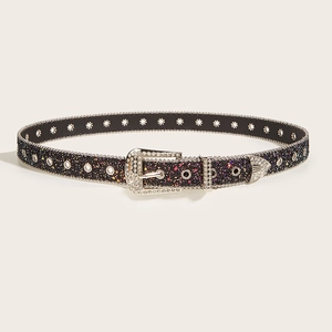 Sparkly rhinestone belt in black glitter finish with silver diamond buckle for women