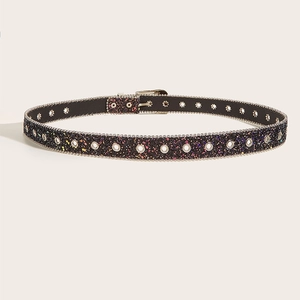 Black sequin glitter belt with silver eyelets and square metal buckle for women