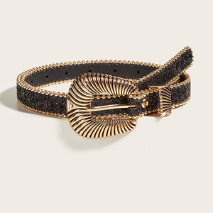 Ceinture rétro femme à paillettes noires, boucle coquille dorée et bordure perlée chic