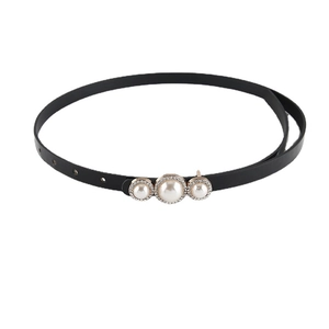 Ceinture fine en cuir verni noir pour femme avec boucles en perles et strass brillants