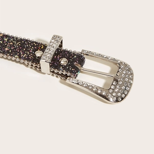 Sparkly black rhinestone belt with silver buckle and glitter finish for women fashion
