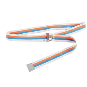 Striped canvas belt with double D-ring metal buckle and leather tip reinforcement