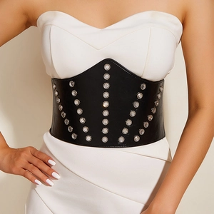 Ceinture Corset Large pour Femme Vintage Élastique Taille Cintrée Avec Strass Rivets pour Robes Rétro Mode Noir