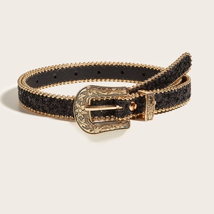 Ceinture femme vintage noire avec paillettes, bordure perlée dorée et boucle gravée