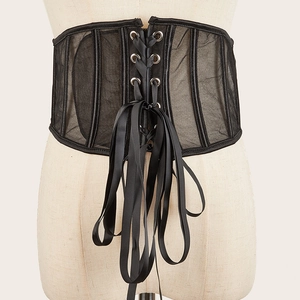 Short black mesh waist cincher corset with steel bones and satin lace-up front closure