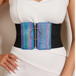 Ceinture corset large élastique pour femme avec fini holographique et zip à anneau argenté