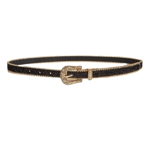 Ceinture noire à paillettes pour femmes avec boucle dorée gravée et bordure perlée