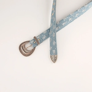 Cintura vintage in denim con paillettes argentate e fibbia in metallo bronzo inciso
