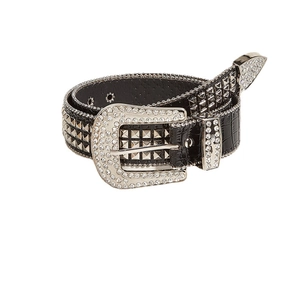 Schwarzer Ledergürtel im Western-Stil mit silbernen Nieten und Strass-Schnalle