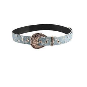 Cintura in denim vintage con grande fibbia in bronzo incisa e paillettes su tessuto blu