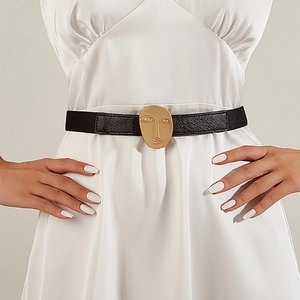 Women Elastic Corset Belt With Abstract Face Alloy Buckle Snap PU Leather Stretch Waistband Black Gold Fashion Accessories