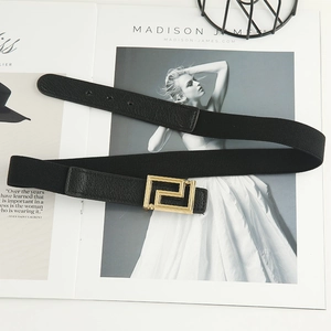 Women's black elastic waist belt with a golden geometric buckle and leather trim detail