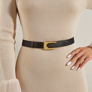 Women Elastic Corset Belt Elegant Black Faux Leather Waistband With Gold Metal U-Shape Buckle Slim Waist Cincher Accessories