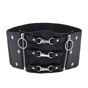 Cintura a corsetto elastica larga punk con fibbie in metallo e borchie a stella in pelle nera