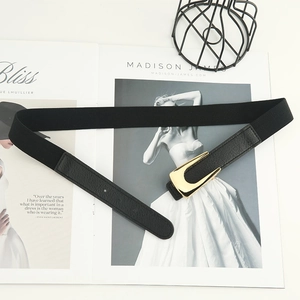 Elastic black waist belt with golden U-shaped metal buckle for coats and dresses