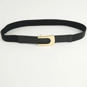 Detail of black elastic belt with golden U-shaped metal buckle and textured fabric