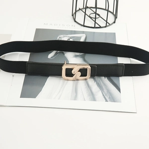 Ceinture élastique noire pour femme avec boucle géométrique emboîtable en or clair