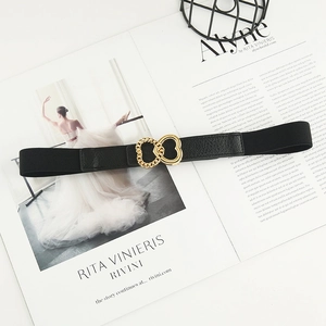 Women's black elastic wide waist belt with elegant gold double heart metal buckle