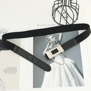 Women's black elastic waist belt with silver rectangular buckle and chain detail