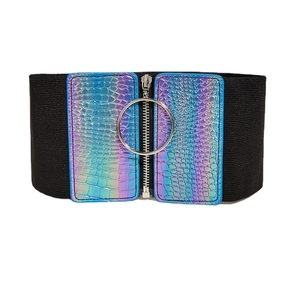 Ceinture large élastique pour femme avec motif crocodile holographique et zip anneau métallique