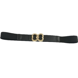 Elegant black elastic belt for women featuring a gold heart buckle for coats and dresses