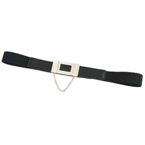 Elastic black waist belt with a silver rectangular metal buckle and hanging chain detail