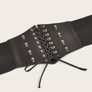 Ceinture corset large pour femme style punk avec crânes en métal et laçage noir