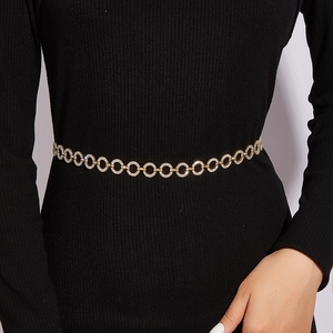 Luxury Metal Rhinestone Waist Chain Belt For Women Interlocking Circle Rings Decorative Thin Chain Belt For Dress Wedding Party