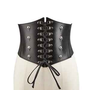 Ceinture large noire gothique pour femme avec rivets tête de mort et laçage corset